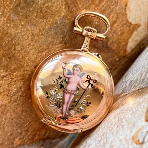 Stunning French Antique 18K gold diamond enameled cherub pocket watch pendant