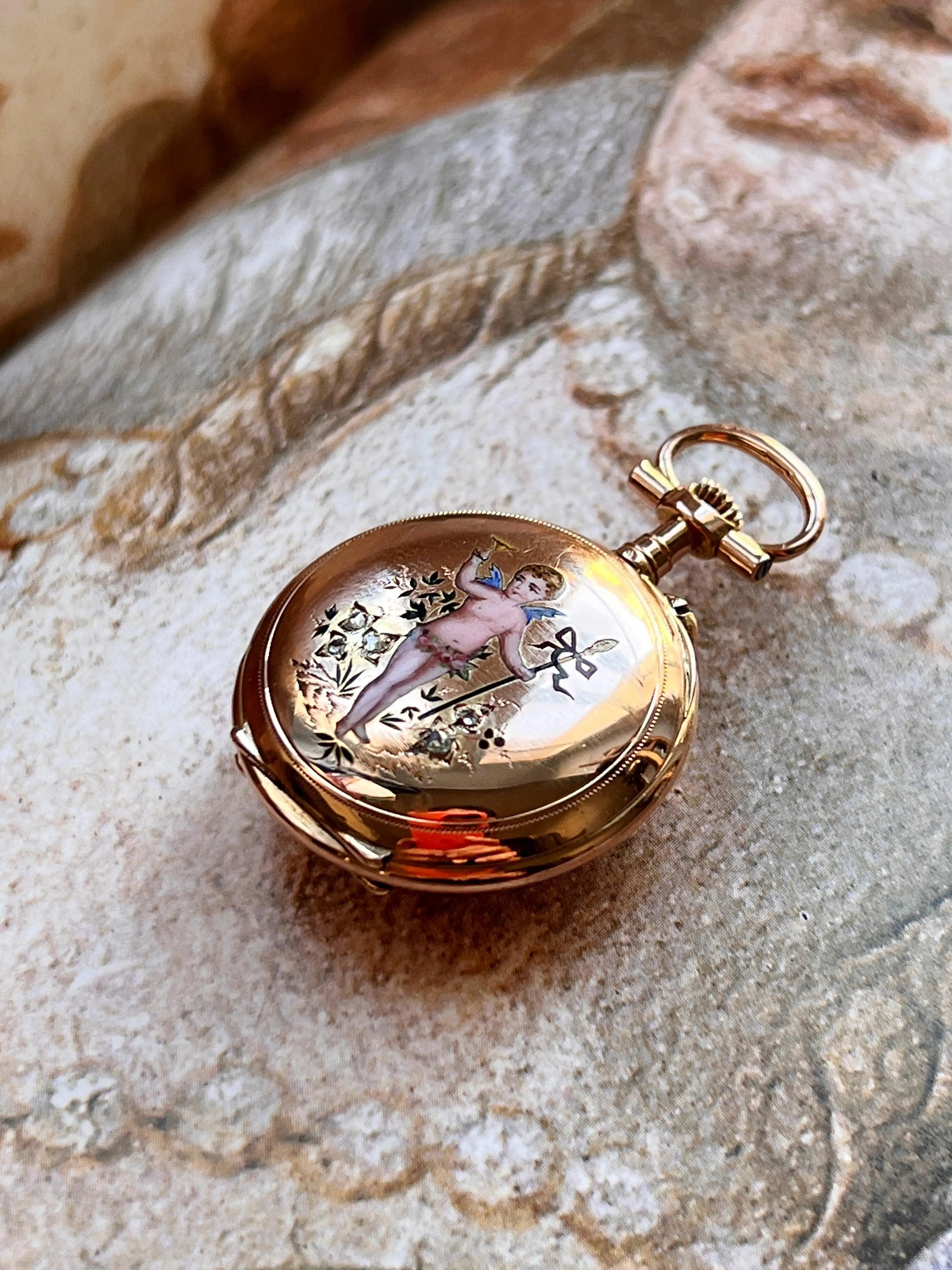 Stunning French Antique 18K gold diamond enameled cherub pocket watch pendant
