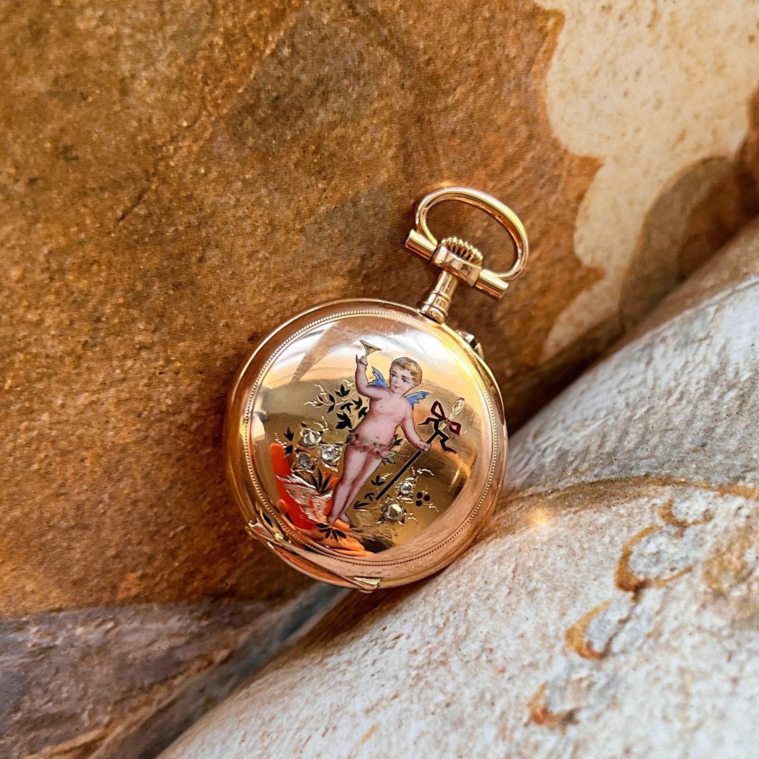 Stunning French Antique 18K gold diamond enameled cherub pocket watch pendant