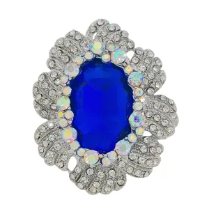 Stunning Iridescent Crystal Surrounded Blue Oval Flower Brooches Pins Costume Jewelry