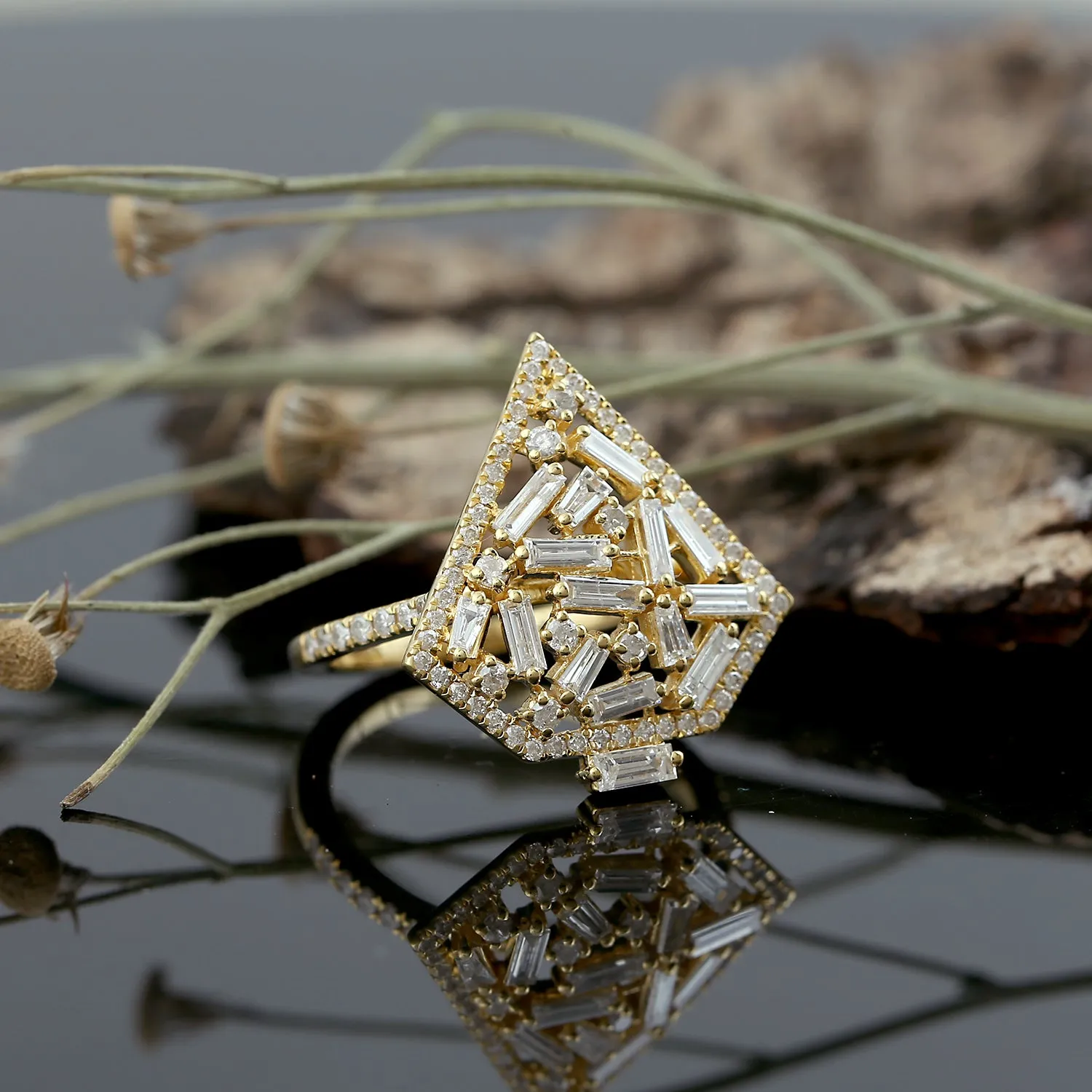 Tapered Baguette Diamond Geometric Ring In 18k Yellow Gold For Gifts