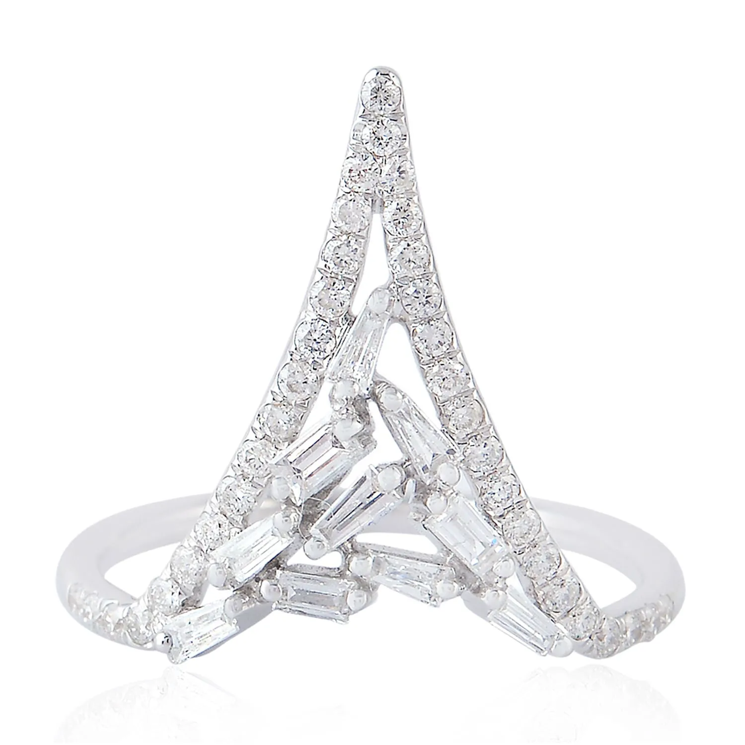 Tapered Baguette Diamond Spike Design Geometric Ring In 18k White Gold