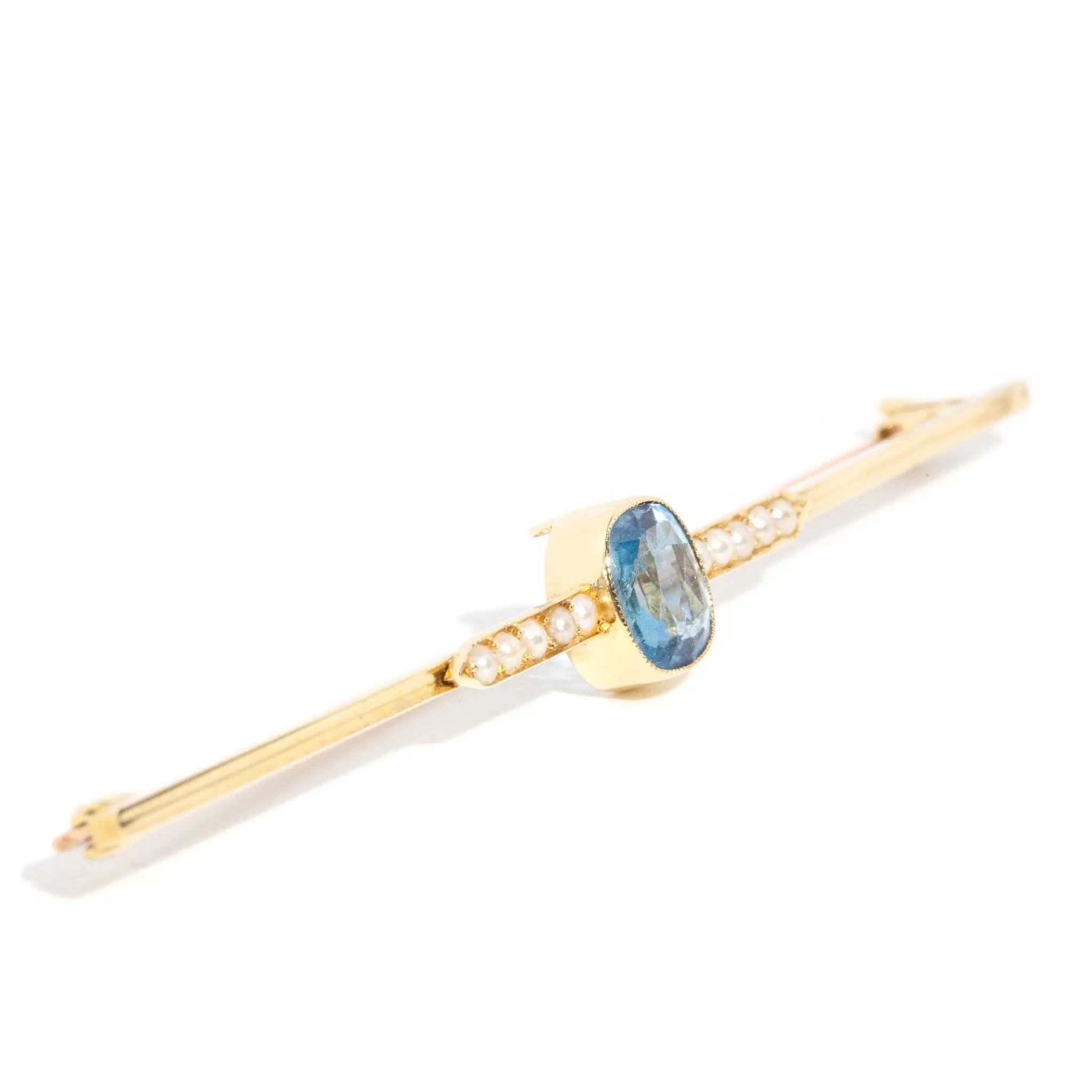 Thetis 1930s Aquamarine & Seed Pearl Brooch 15ct Gold