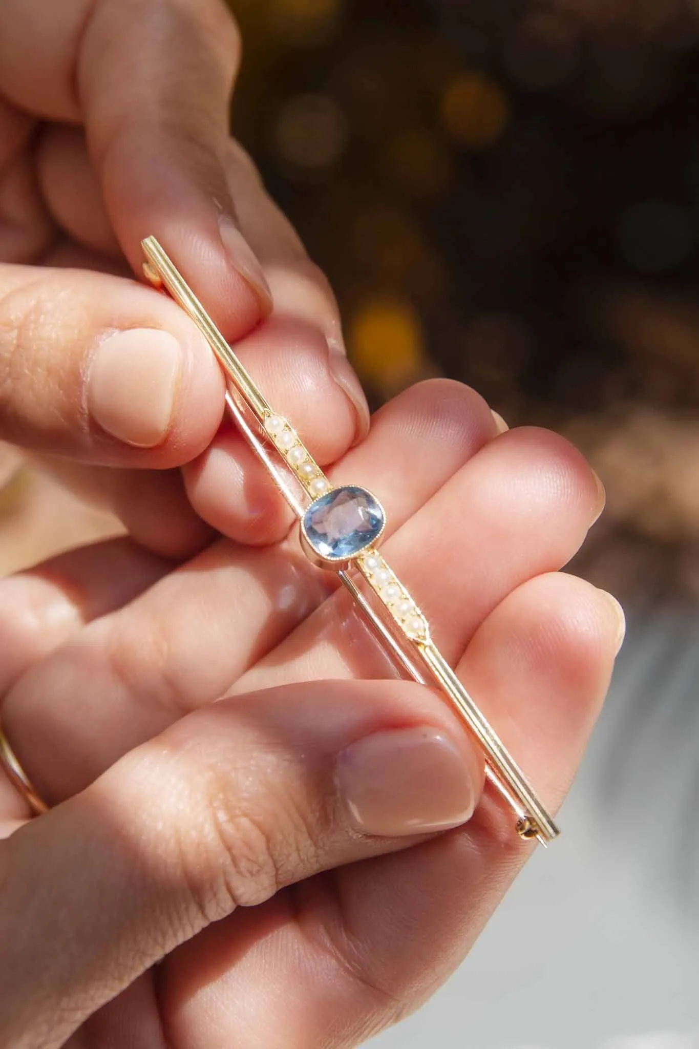 Thetis 1930s Aquamarine & Seed Pearl Brooch 15ct Gold