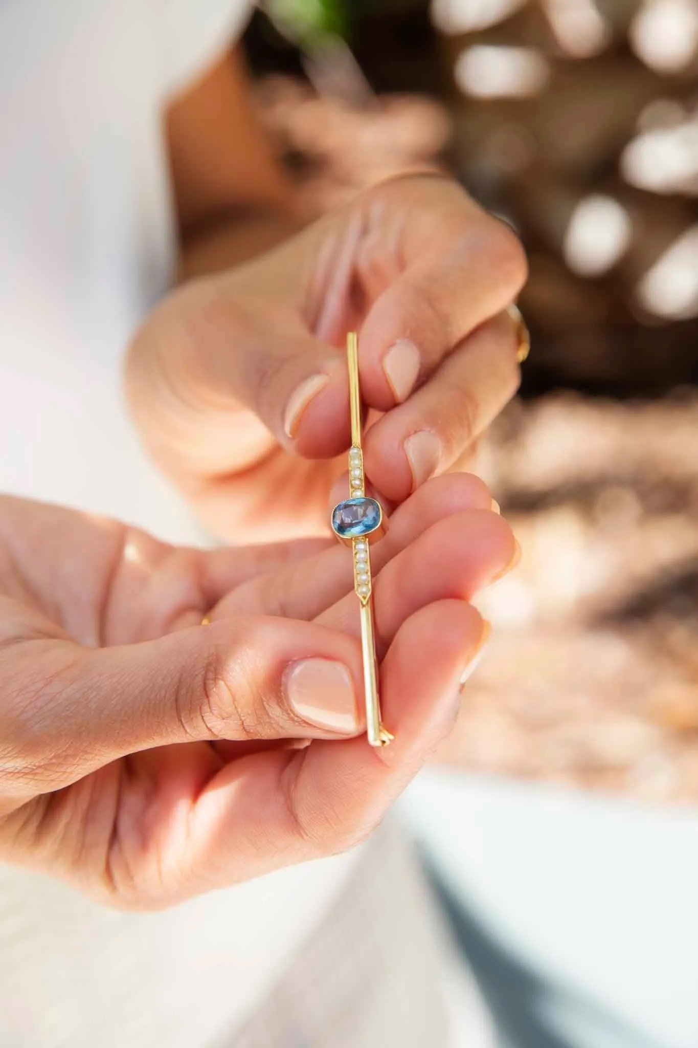Thetis 1930s Aquamarine & Seed Pearl Brooch 15ct Gold