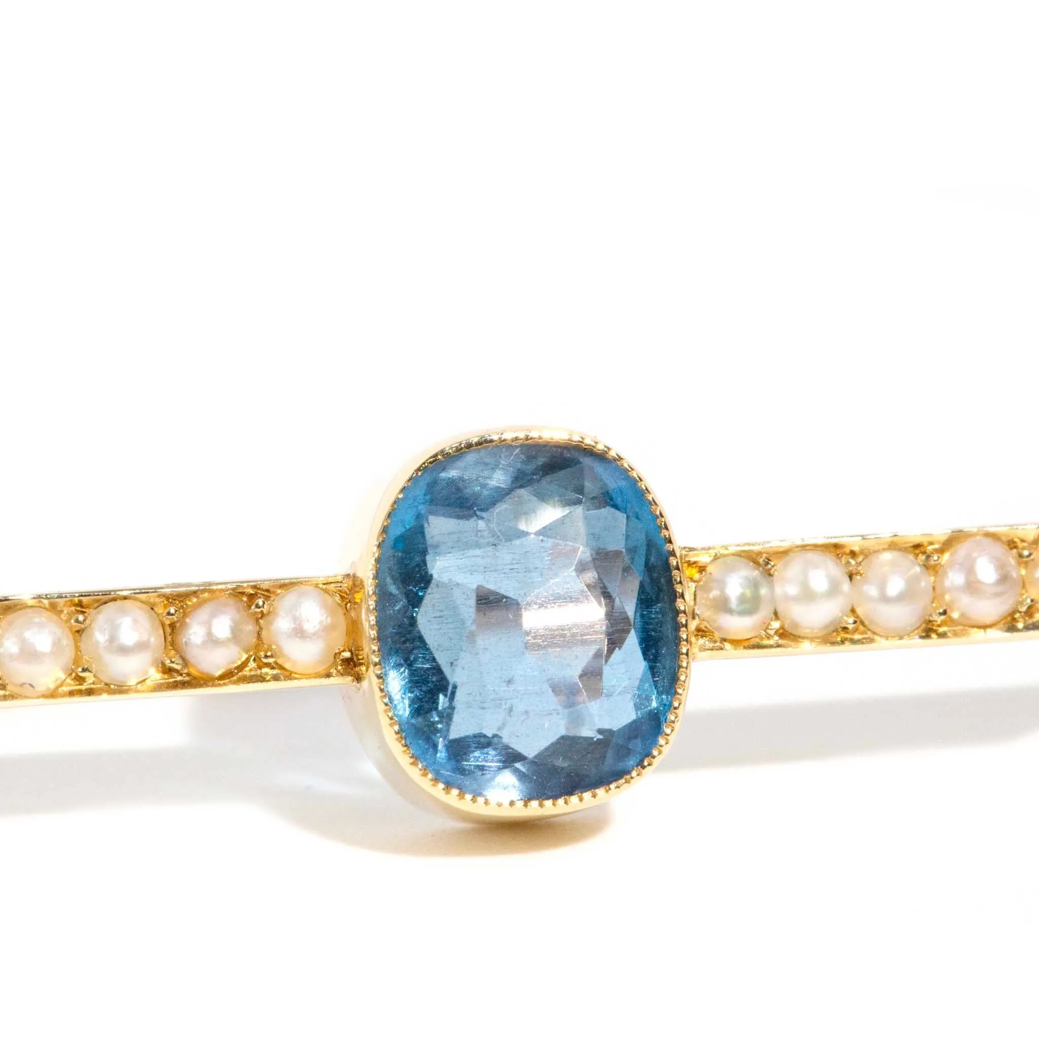 Thetis 1930s Aquamarine & Seed Pearl Brooch 15ct Gold