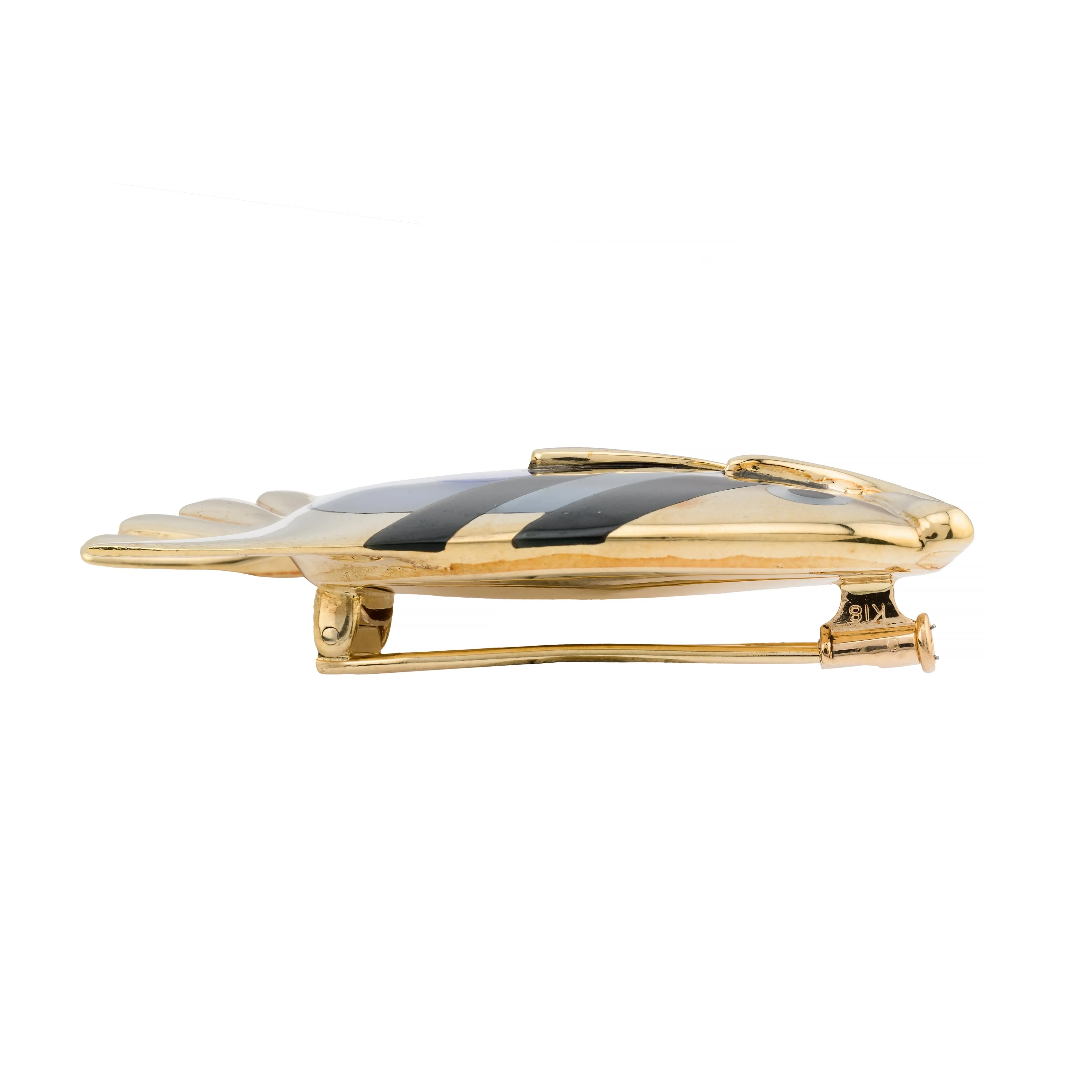 Tiffany & Co Angela Cummings Lapis, Onyx, Mother of Pearl Fish Brooch 18 Karat