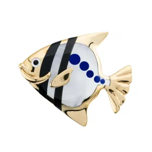 Tiffany & Co Angela Cummings Lapis, Onyx, Mother of Pearl Fish Brooch 18 Karat