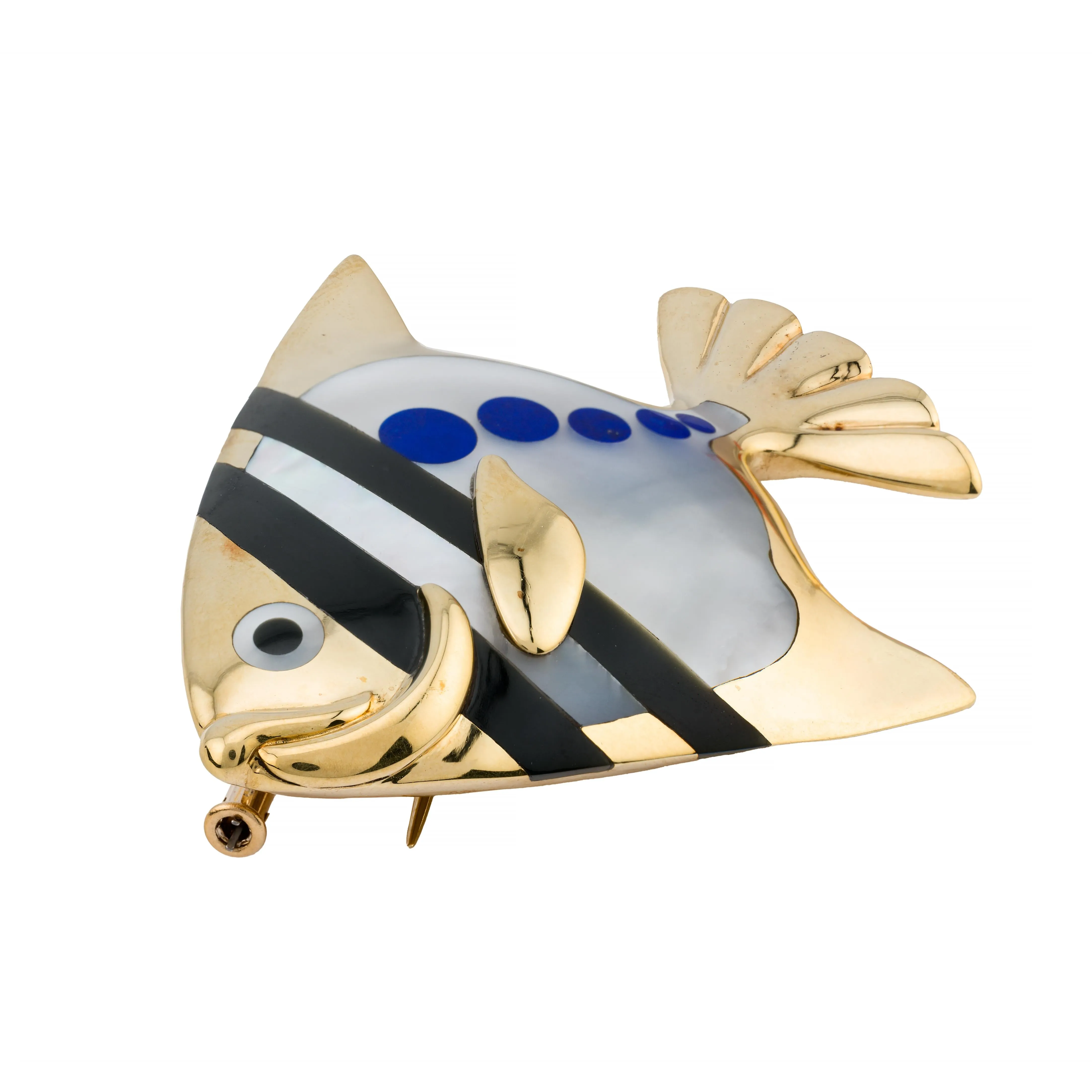 Tiffany & Co Angela Cummings Lapis, Onyx, Mother of Pearl Fish Brooch 18 Karat