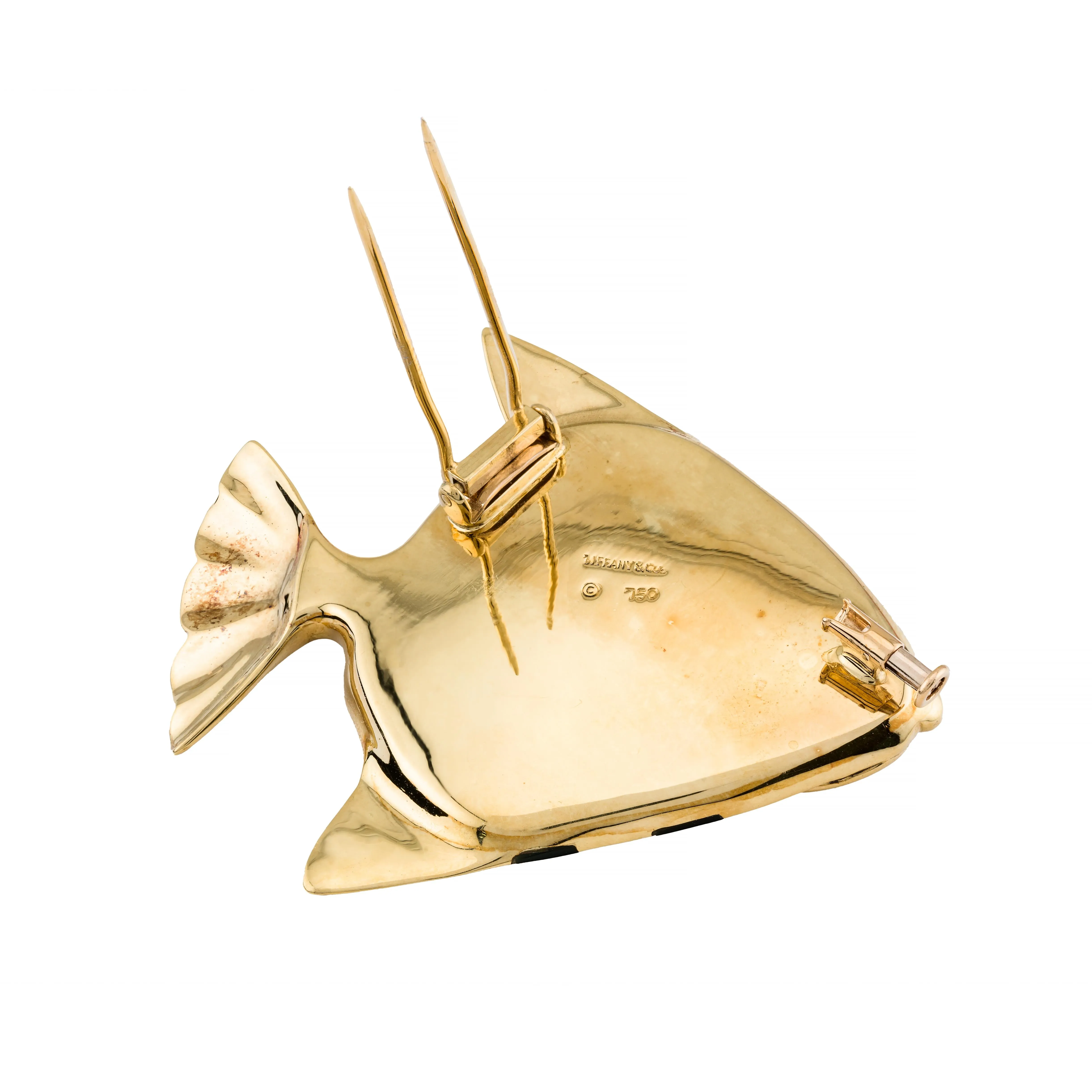 Tiffany & Co Angela Cummings Lapis, Onyx, Mother of Pearl Fish Brooch 18 Karat