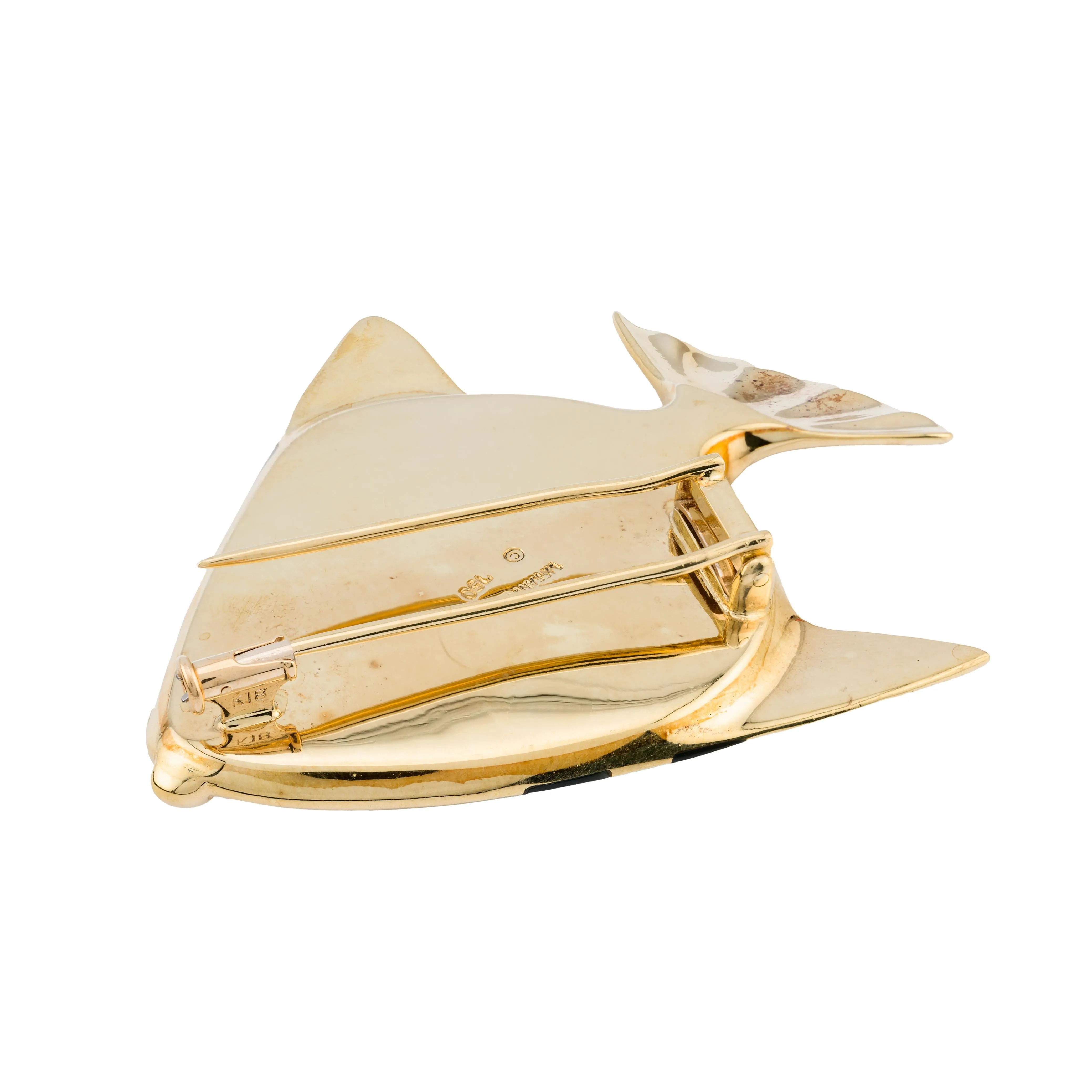 Tiffany & Co Angela Cummings Lapis, Onyx, Mother of Pearl Fish Brooch 18 Karat