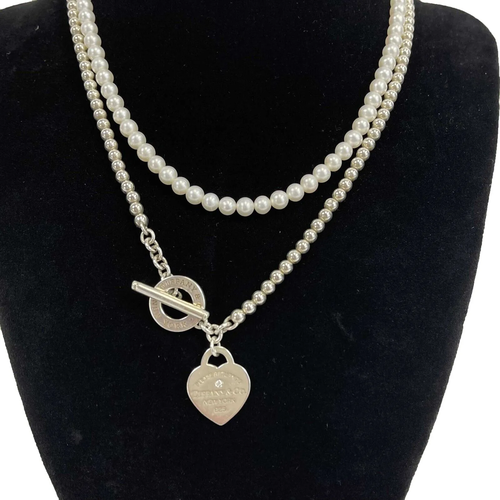 TIFFANY & CO Wrap Necklace in Silver with Pearls and a Diamond Heart Pendant