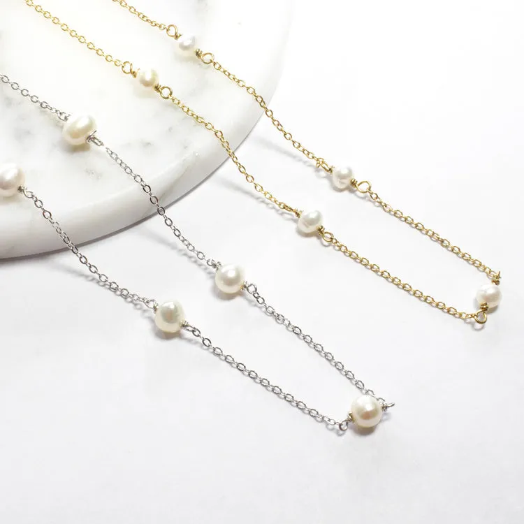 Tiny Freshwater Pearl or Turquoise Stone Choker - Gold or Silver