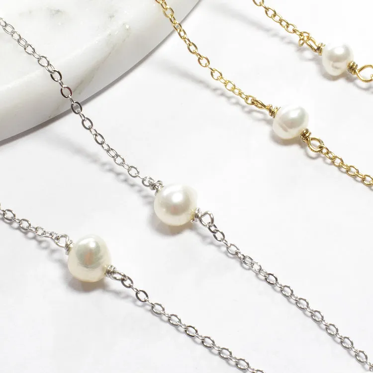 Tiny Freshwater Pearl or Turquoise Stone Choker - Gold or Silver