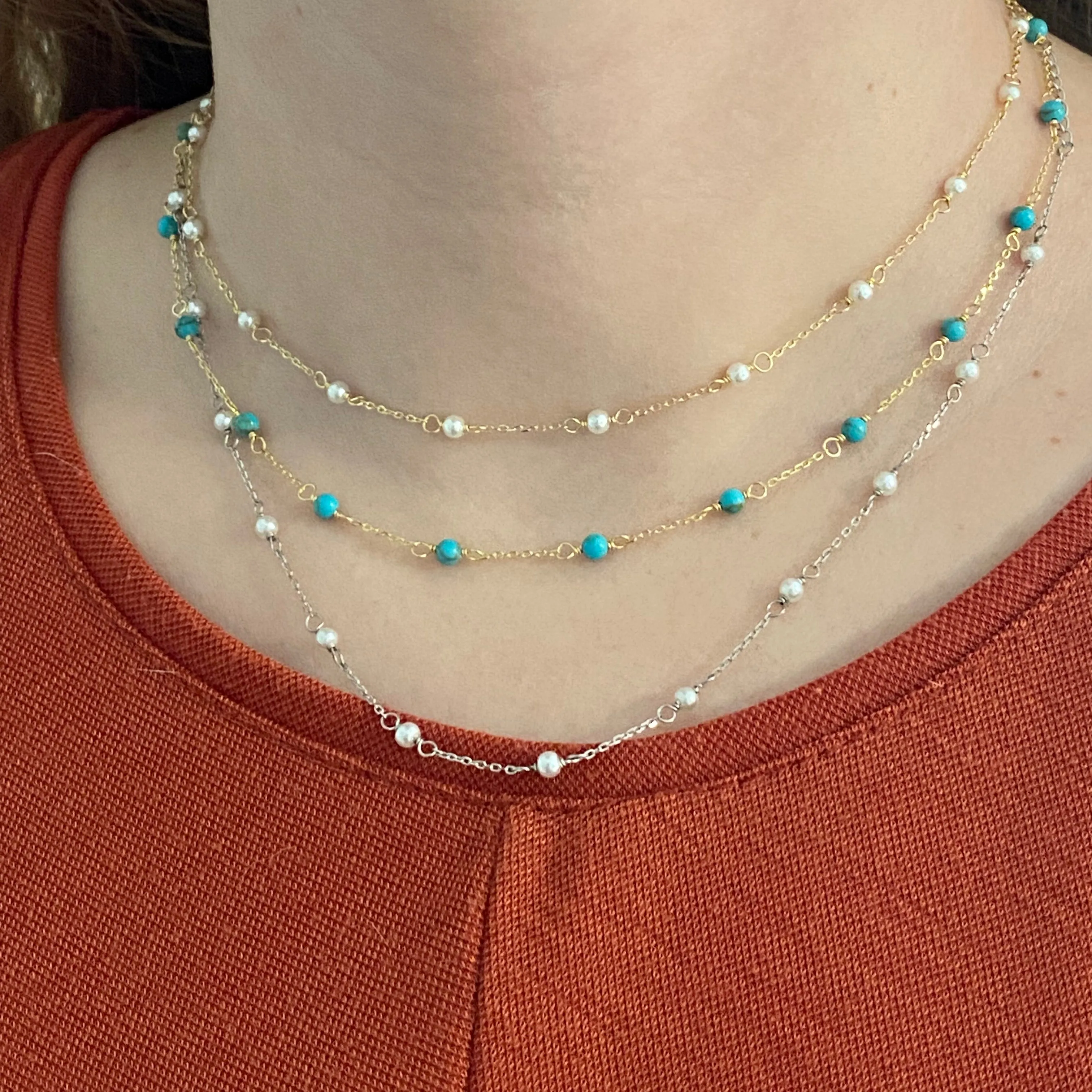 Tiny Freshwater Pearl or Turquoise Stone Choker - Gold or Silver