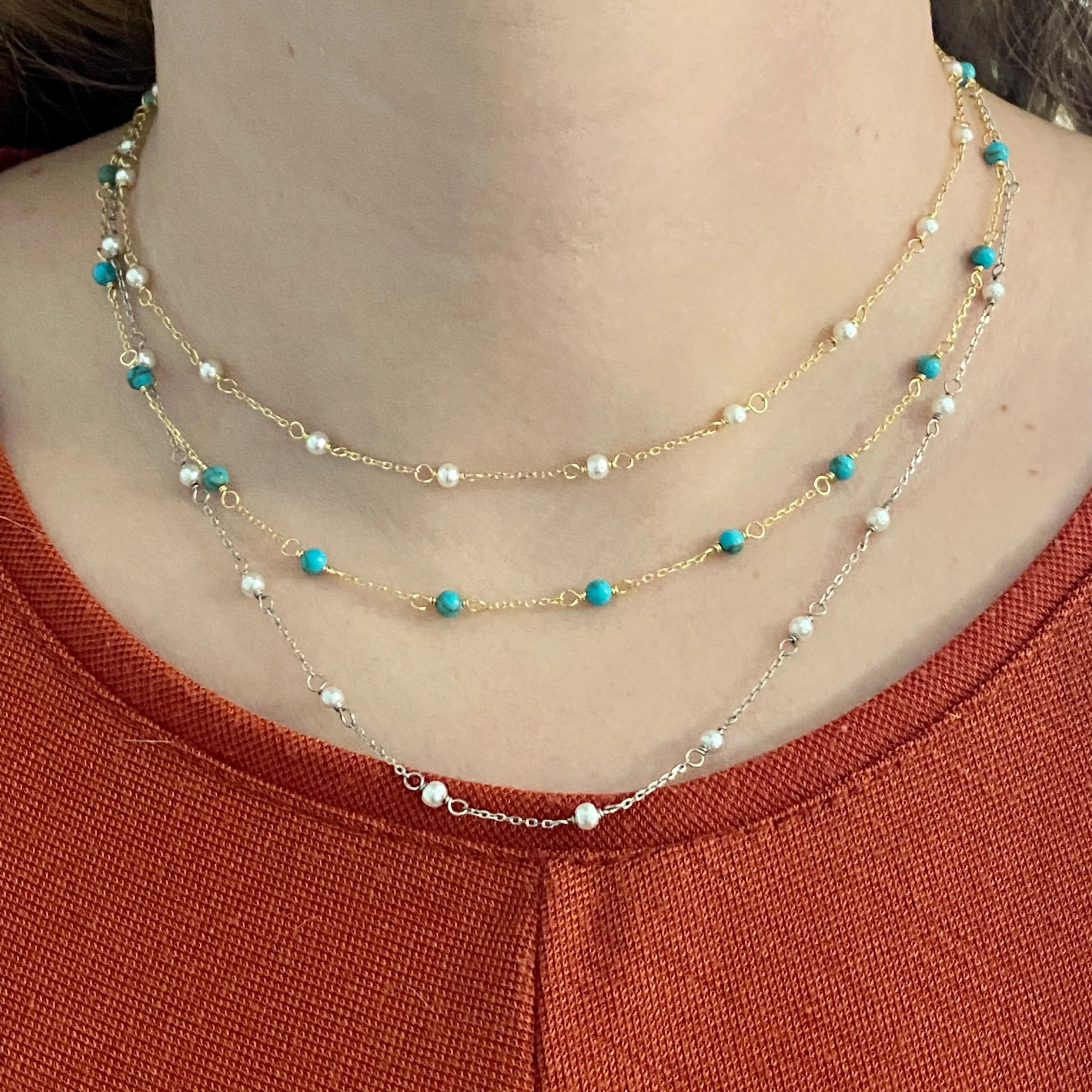 Tiny Freshwater Pearl or Turquoise Stone Choker - Gold or Silver