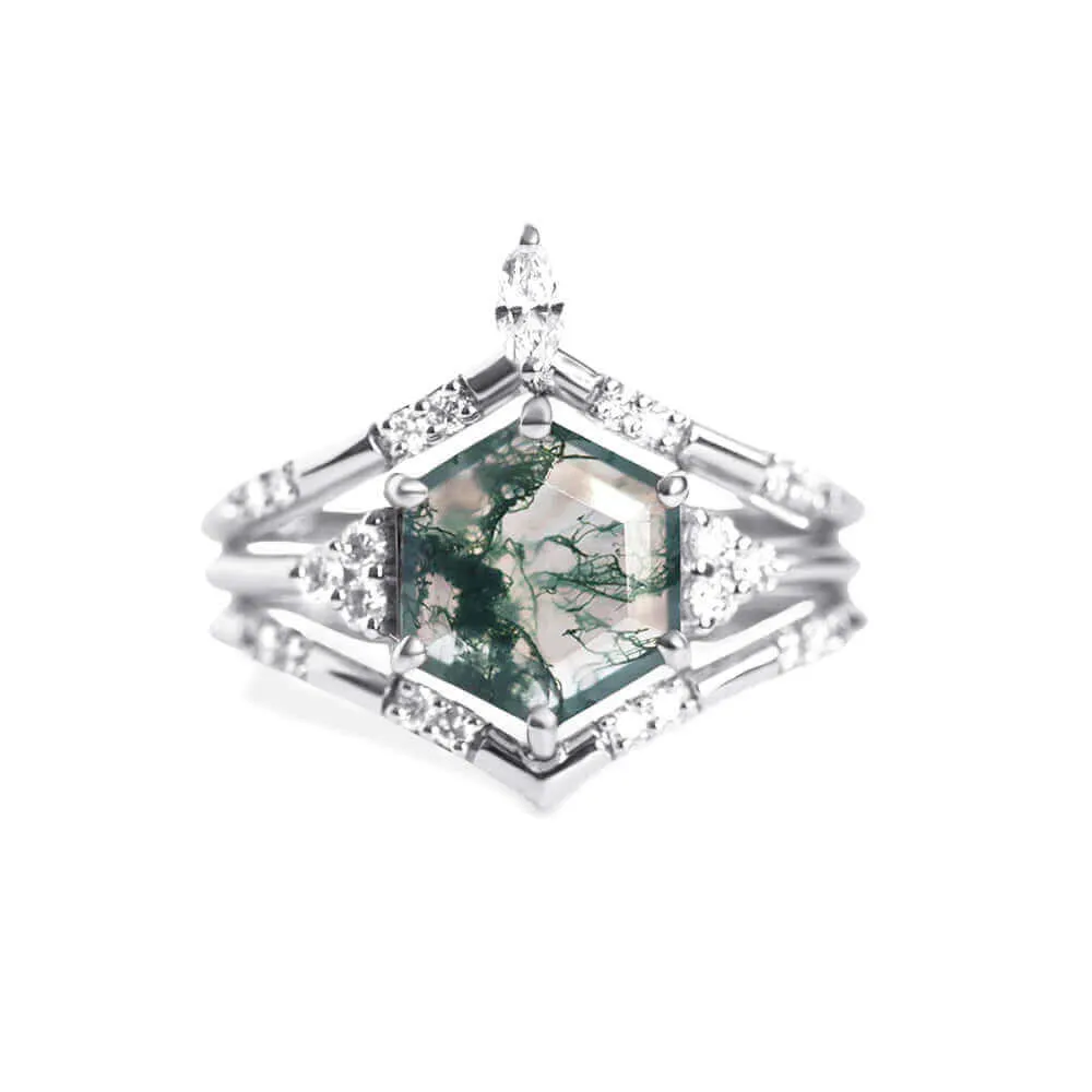 Trendolla 14K Gold Hexagon Moss Agate And CZ Diamond Ring Set