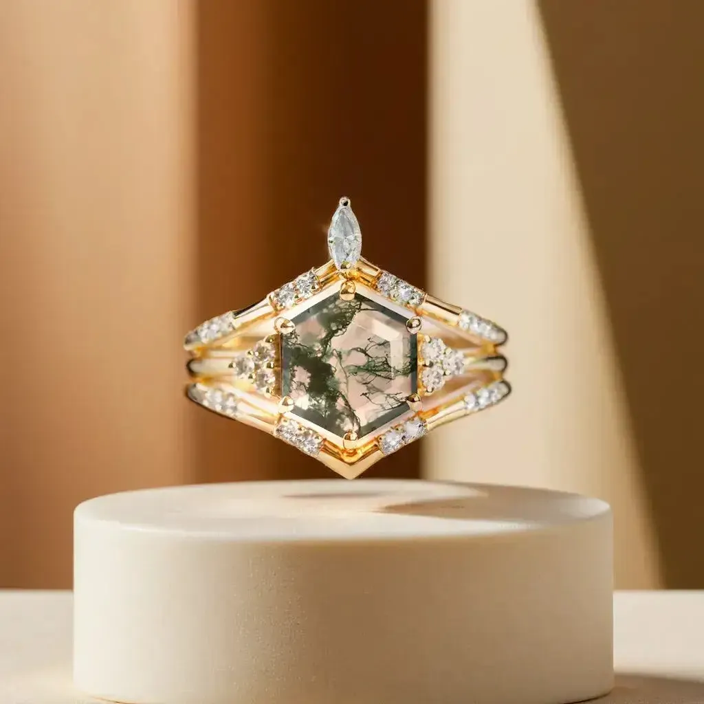 Trendolla 14K Gold Hexagon Moss Agate And CZ Diamond Ring Set