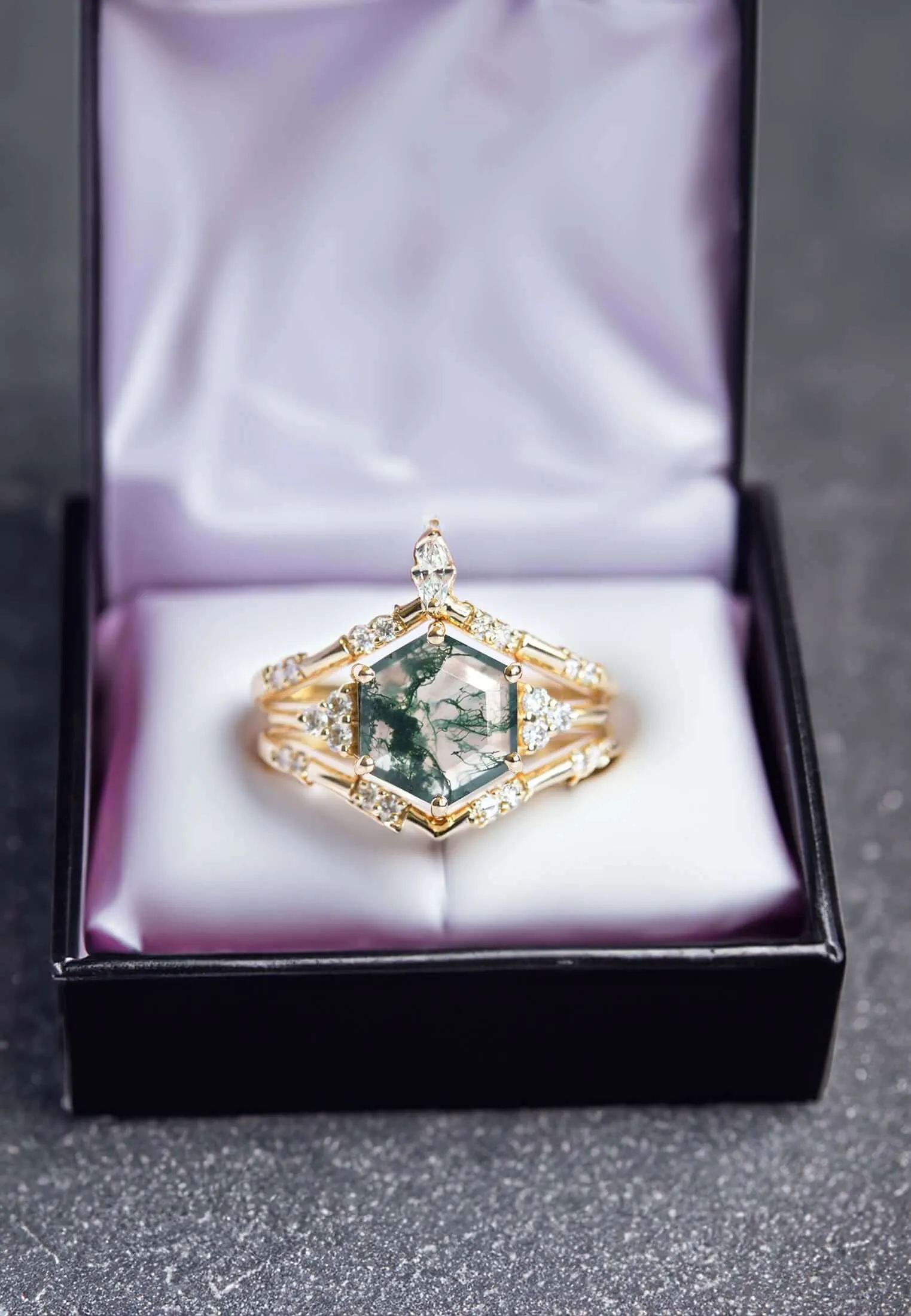 Trendolla 14K Gold Hexagon Moss Agate And CZ Diamond Ring Set