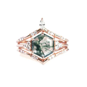 Trendolla 14K Gold Hexagon Moss Agate And CZ Diamond Ring Set