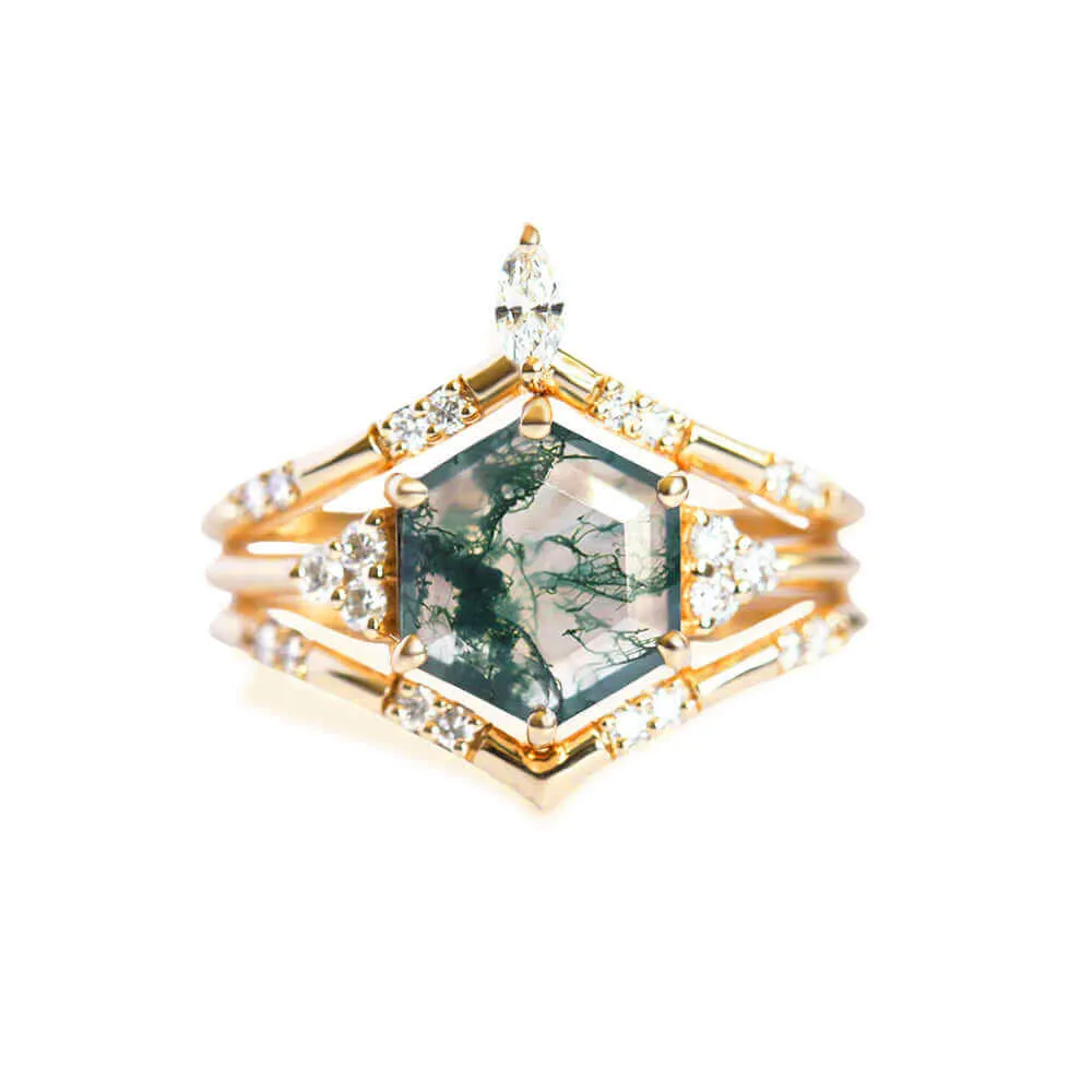 Trendolla 14K Gold Hexagon Moss Agate And CZ Diamond Ring Set