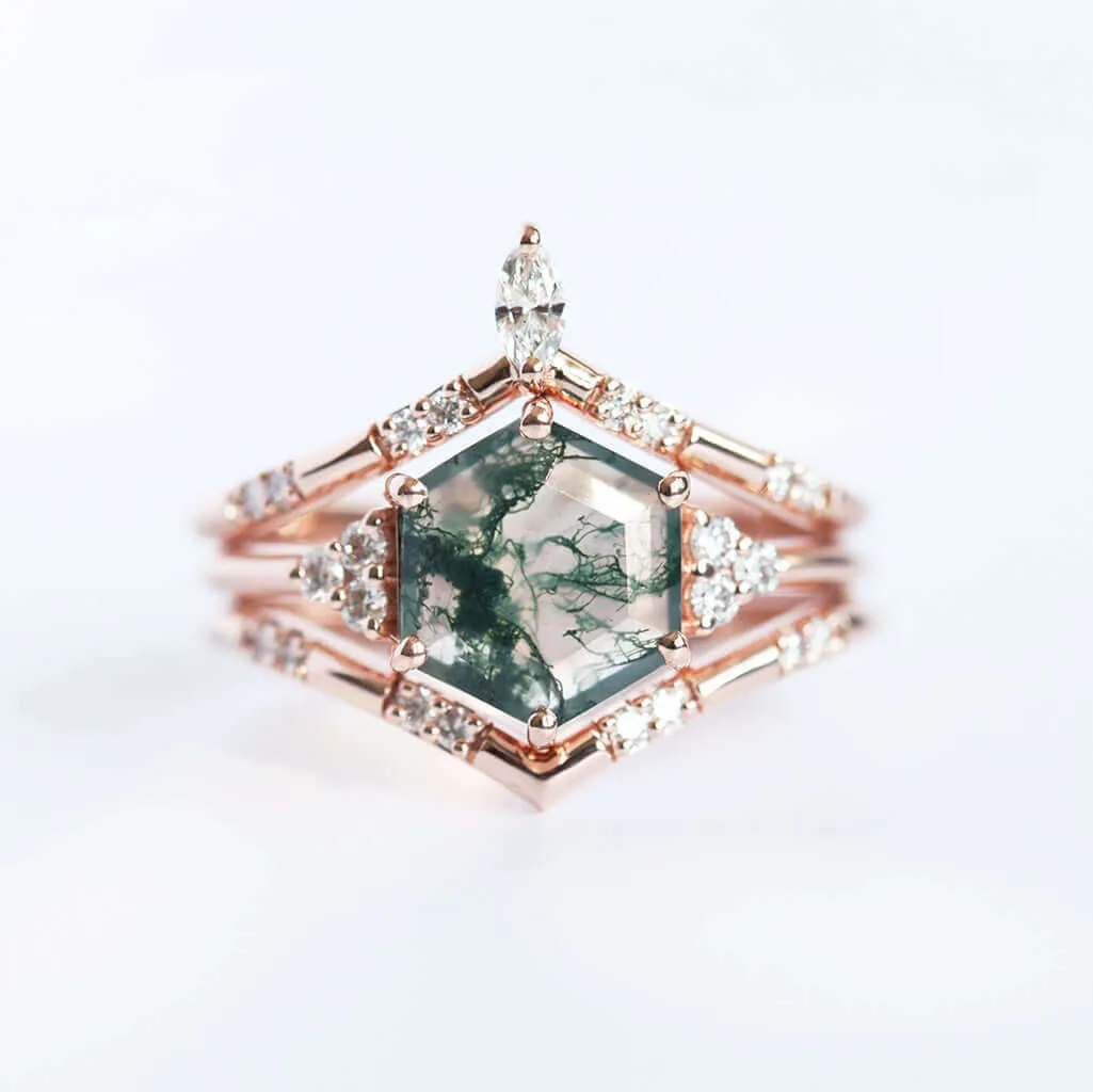 Trendolla 14K Gold Hexagon Moss Agate And CZ Diamond Ring Set