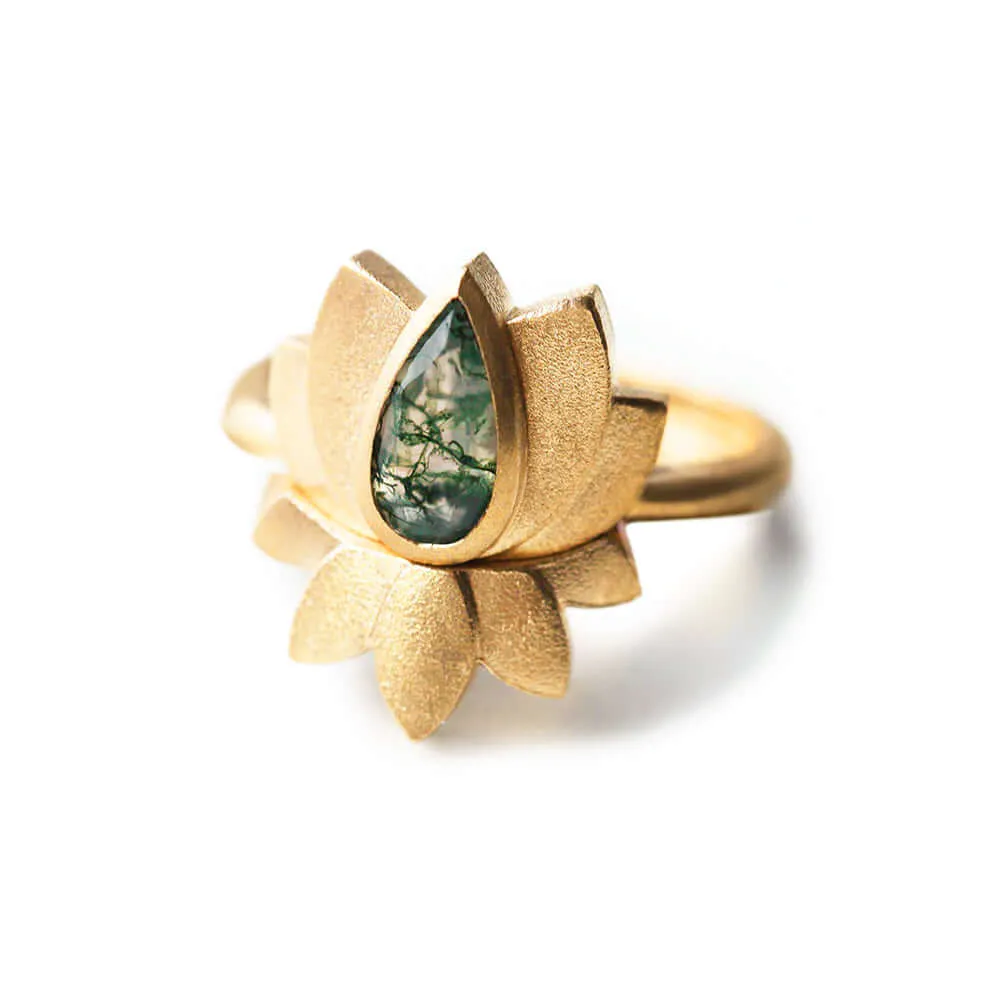 Trendolla 14K Gold Lotus Moss Agate Ring Set