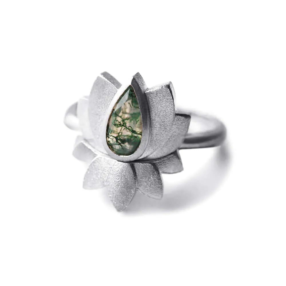 Trendolla 14K Gold Lotus Moss Agate Ring Set