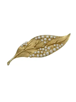 Trifari Gold Pearl Leaf Vintage Brooch