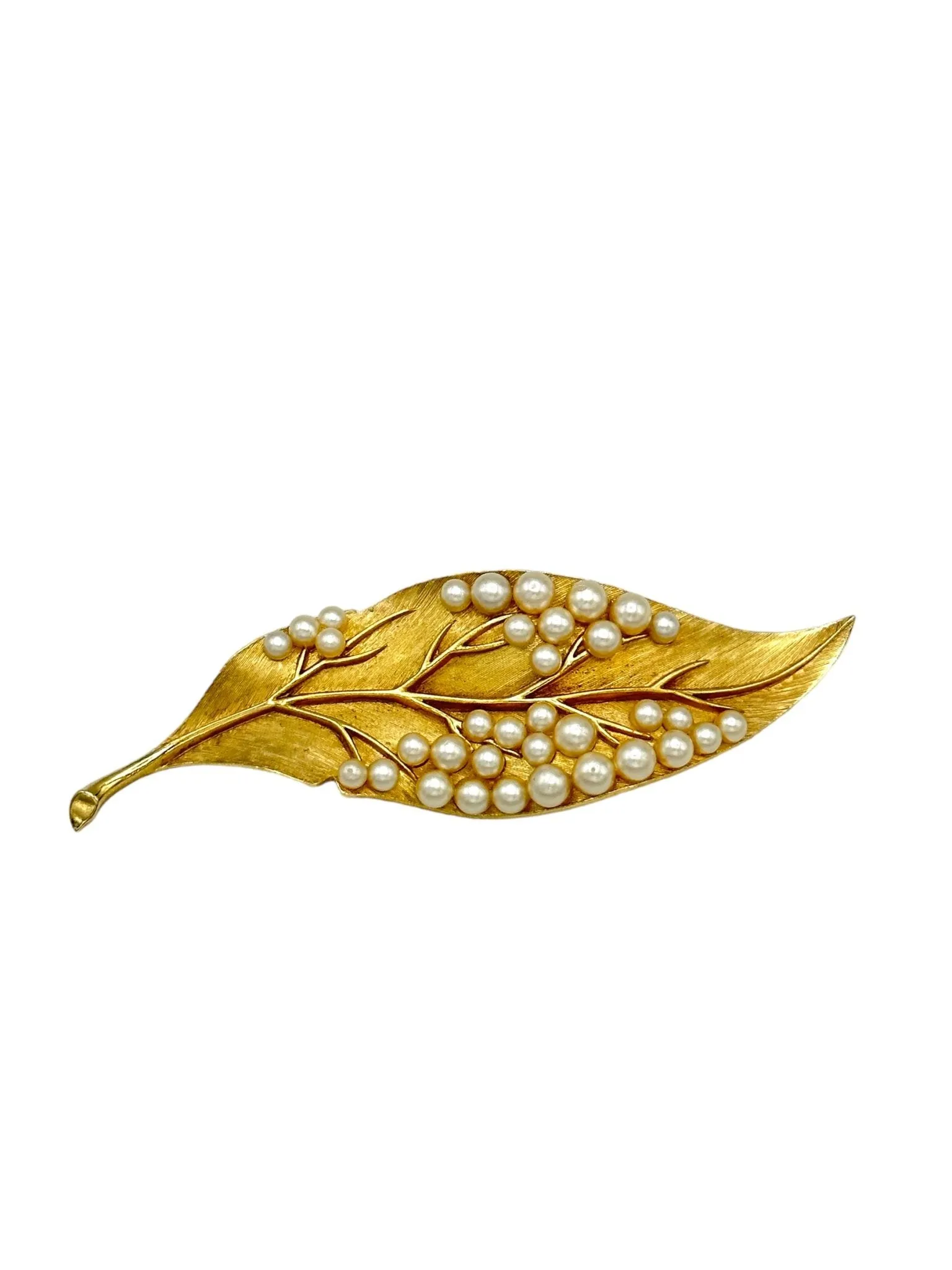 Trifari Gold Pearl Leaf Vintage Brooch