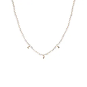Triple Diamond Bezel Pearl Necklace 14K