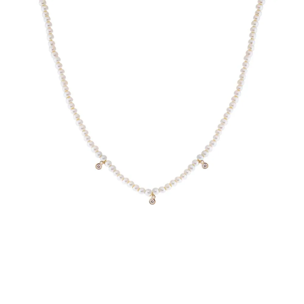 Triple Diamond Bezel Pearl Necklace 14K
