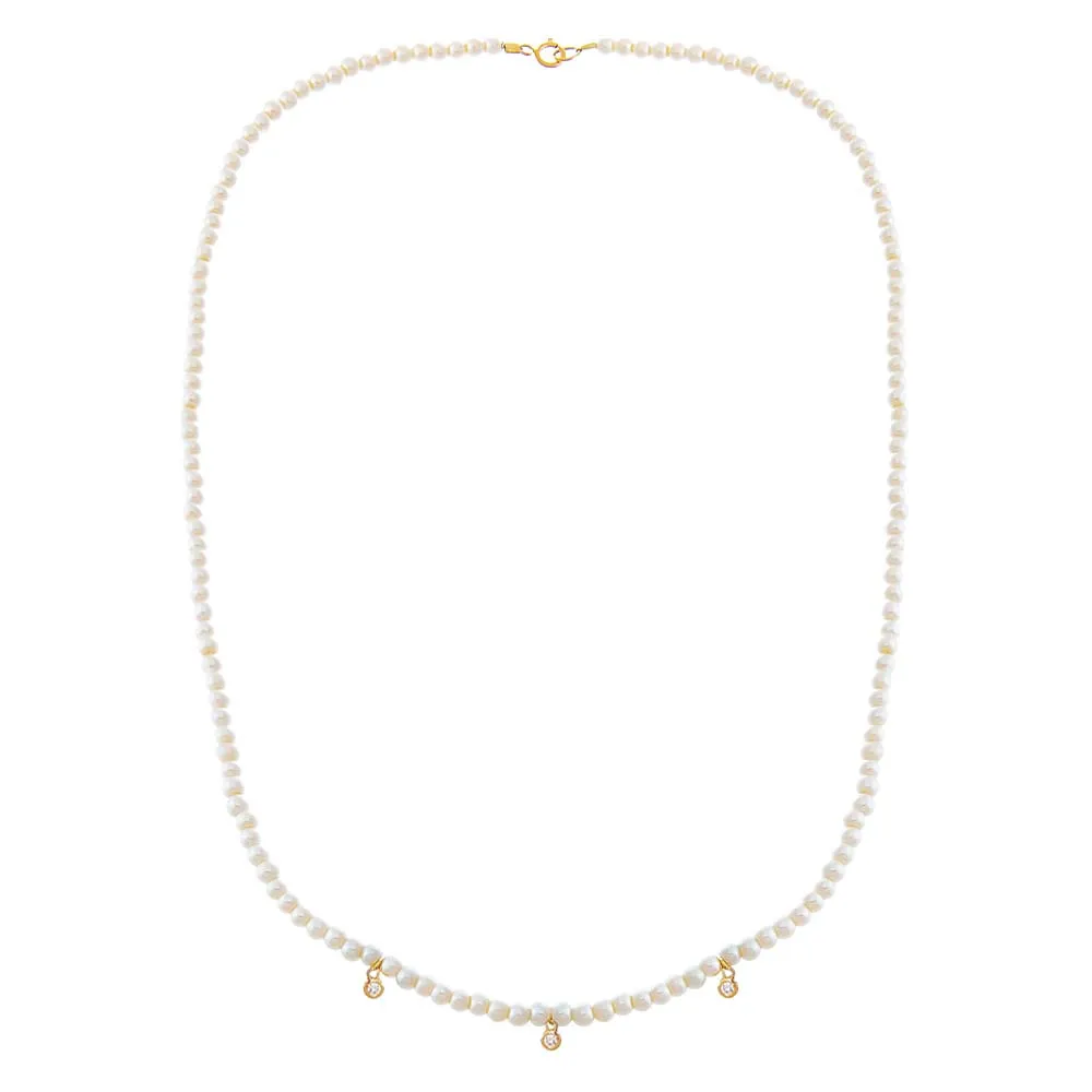 Triple Diamond Bezel Pearl Necklace 14K