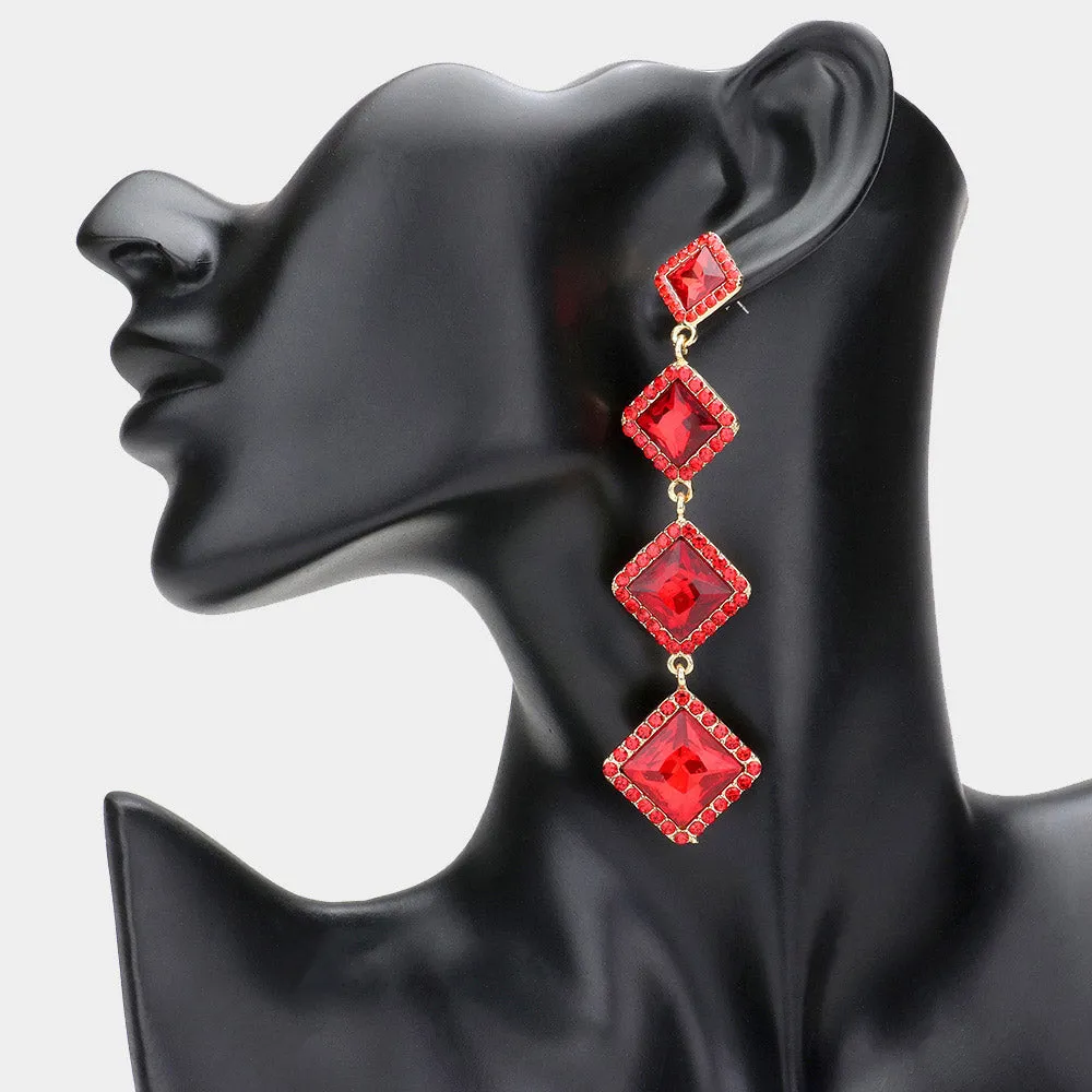 Variegated Red Diamond Shape Stone Drop Pageant Earrings| Evening Earrings | 610697