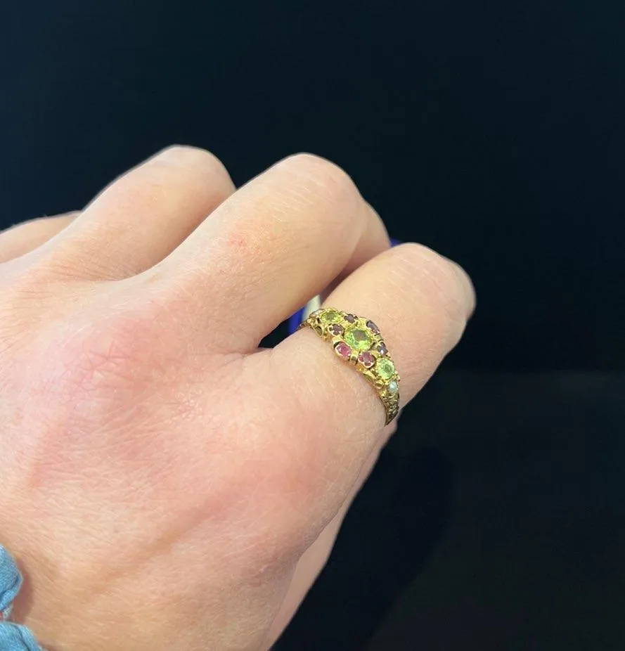Victorian 15ct Peridot, Garnet & Pearl Ring