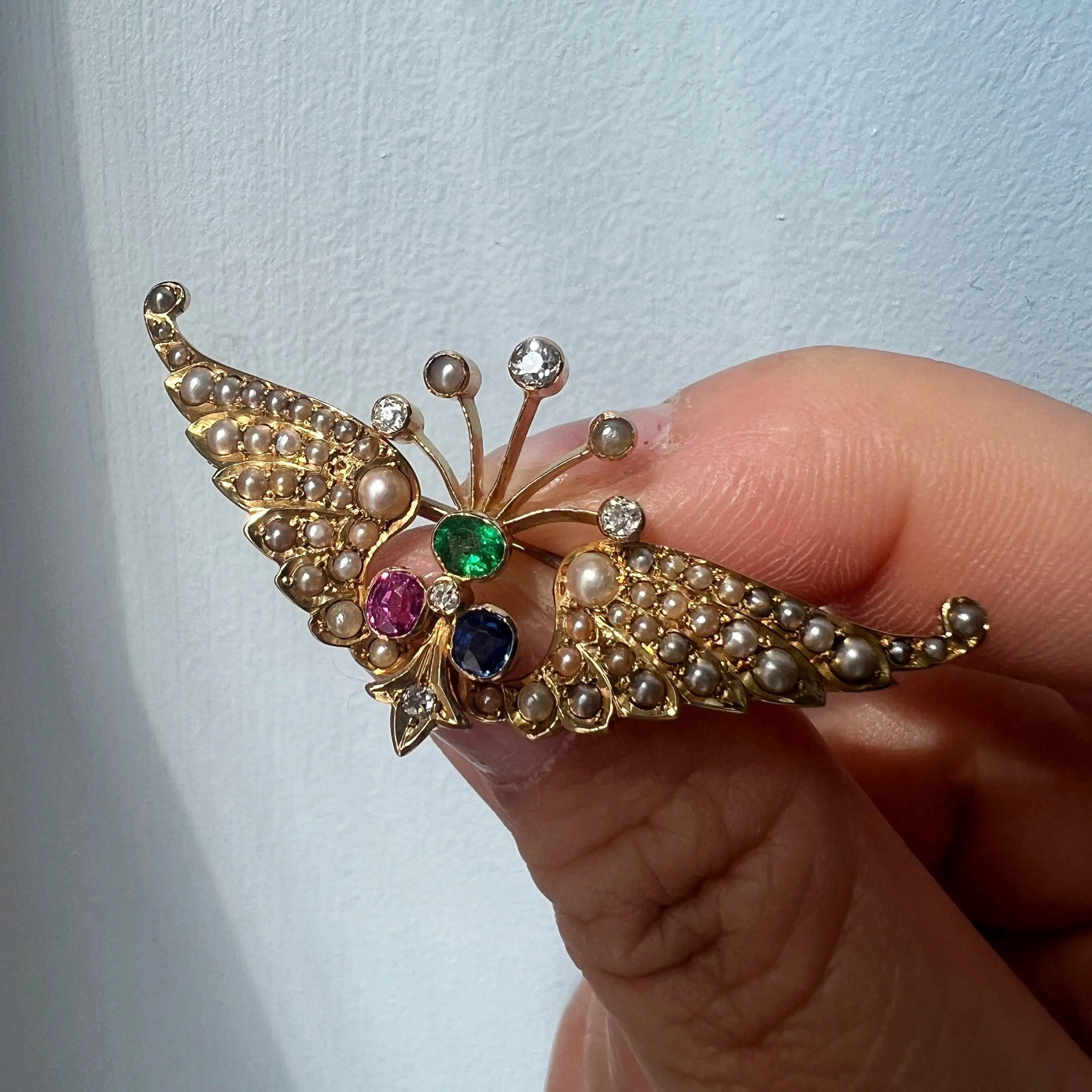 Victorian era 14k gold pearl diamond pink /blue sapphire emerald wing brooch