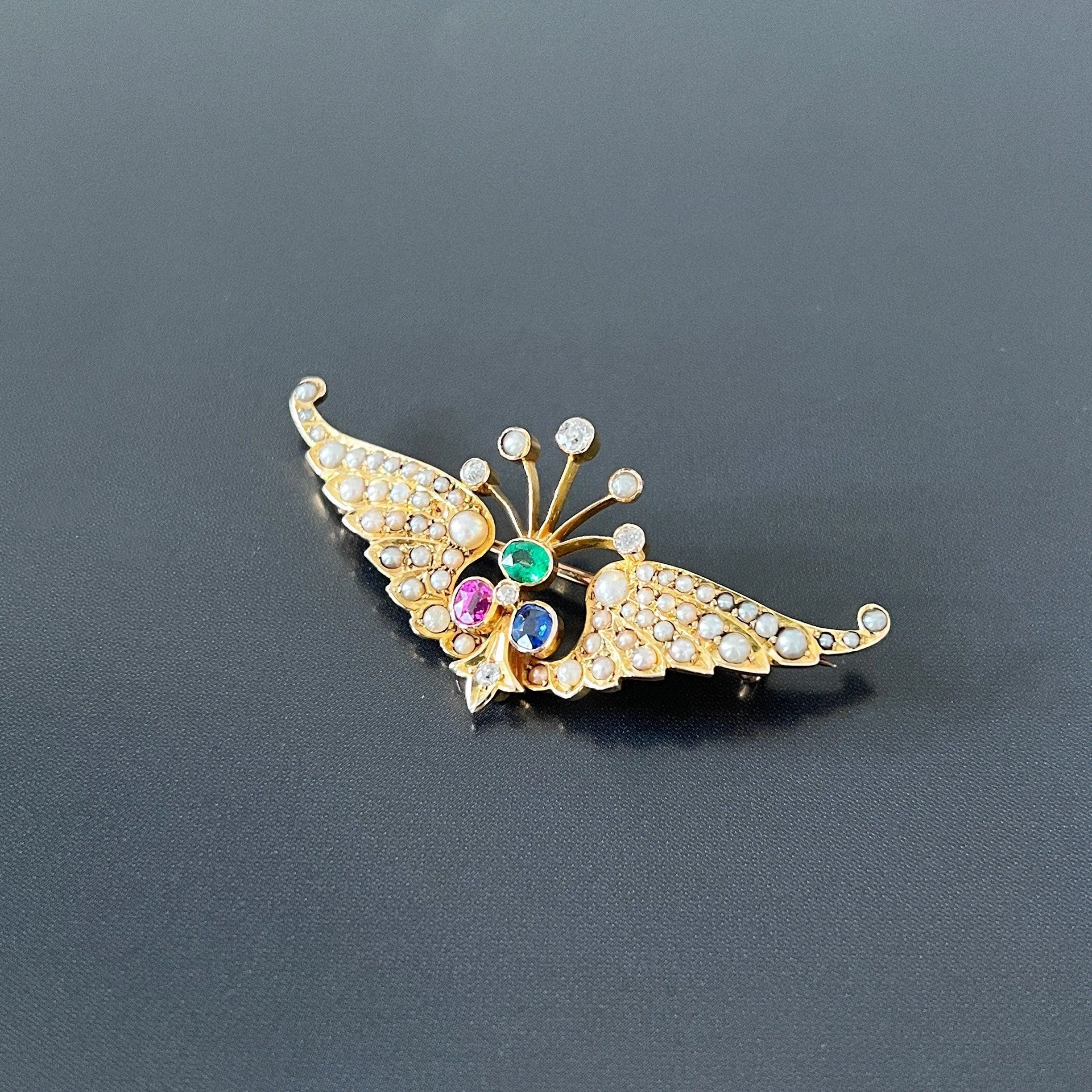 Victorian era 14k gold pearl diamond pink /blue sapphire emerald wing brooch
