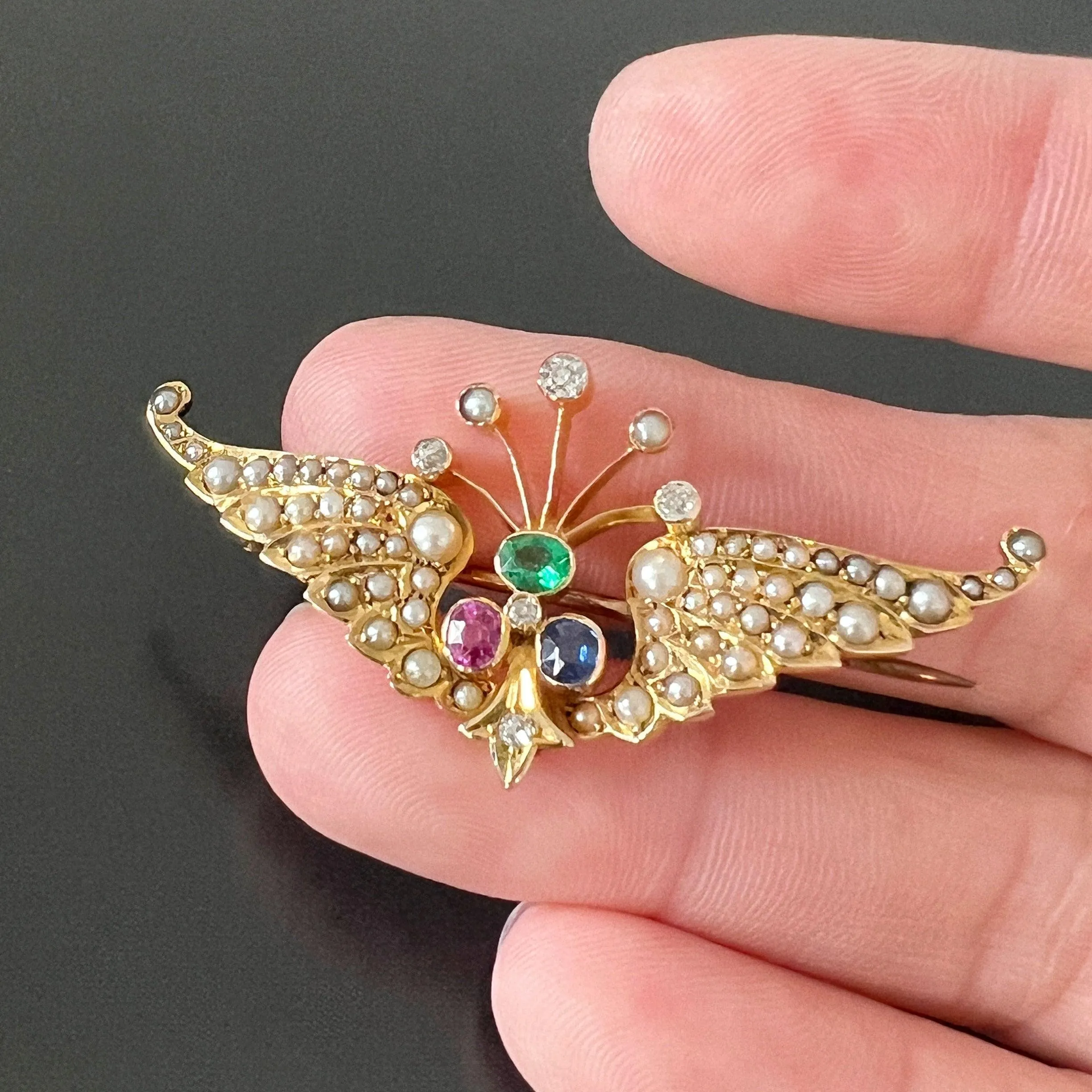 Victorian era 14k gold pearl diamond pink /blue sapphire emerald wing brooch