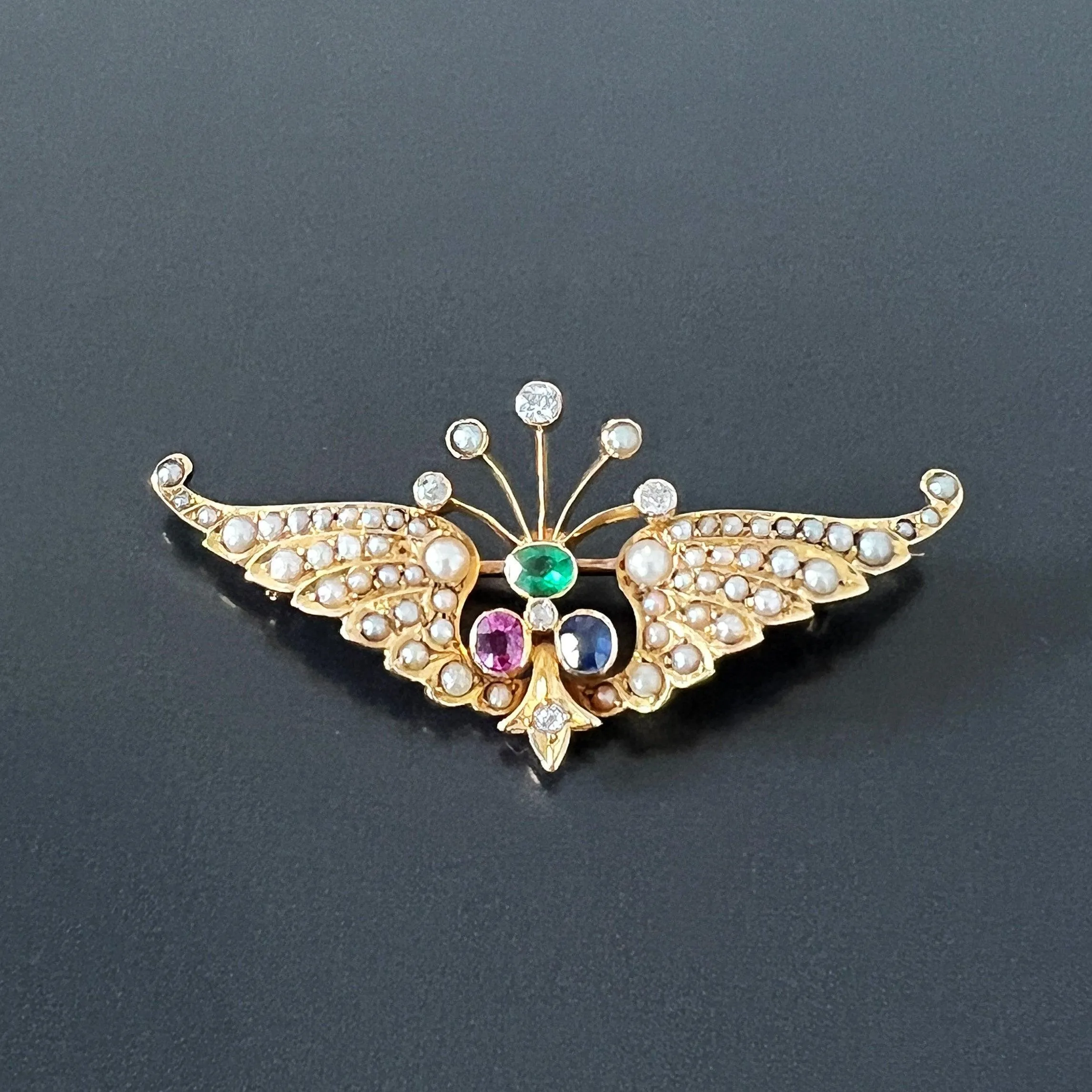 Victorian era 14k gold pearl diamond pink /blue sapphire emerald wing brooch