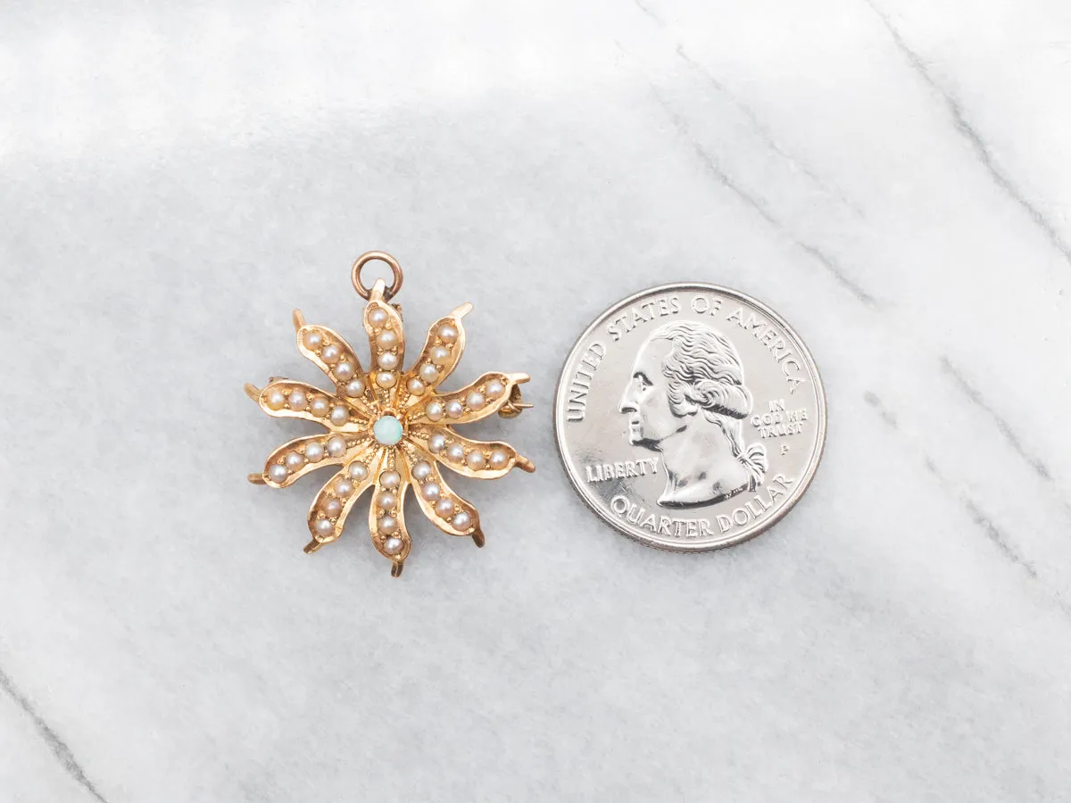 Victorian Opal and Seed Pearl Flower Brooch or Pendant
