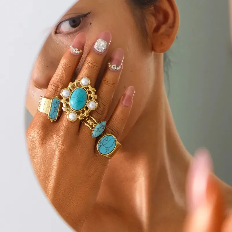 Vintage 304 Stainless Steel Turquoise Pearl 14K Gold Plated Plating Hollow Out Inlay Open Rings