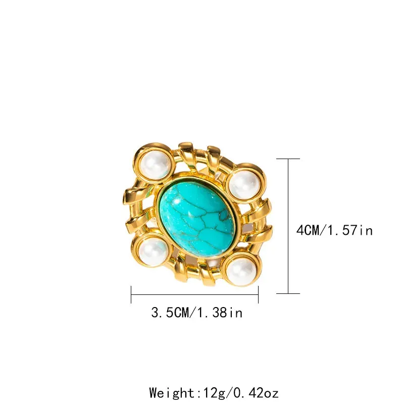 Vintage 304 Stainless Steel Turquoise Pearl 14K Gold Plated Plating Hollow Out Inlay Open Rings