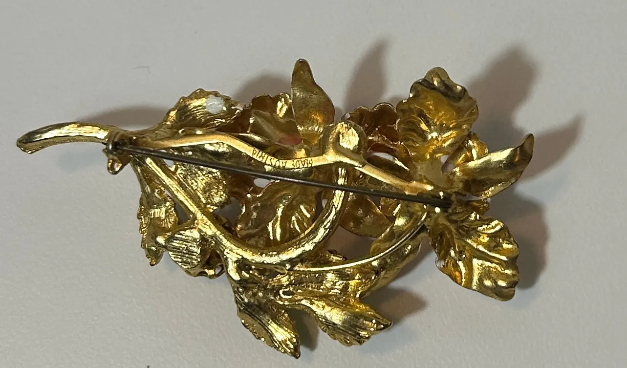 Vintage BSK Enamel Flower Brooch with Red Rhinestones – Gold-Tone Floral Pin, Signed