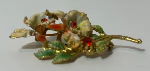 Vintage BSK Enamel Flower Brooch with Red Rhinestones – Gold-Tone Floral Pin, Signed