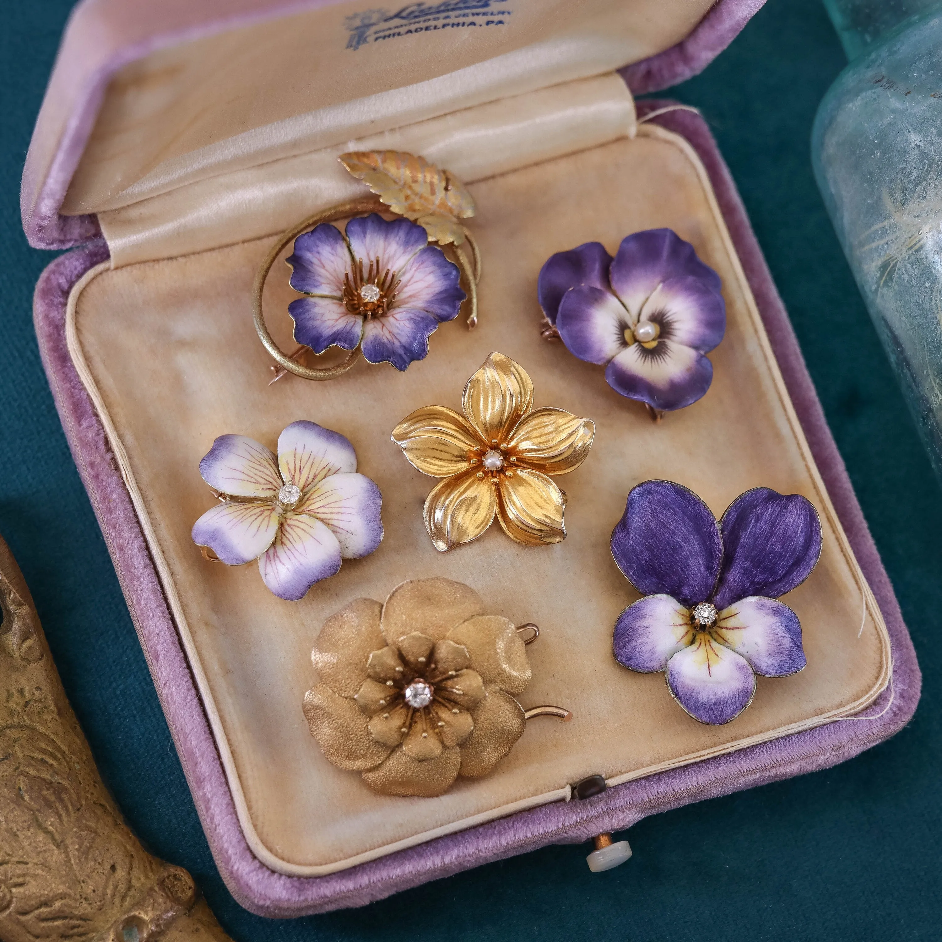 Vintage Enamel Flower Brooch of 14k Gold