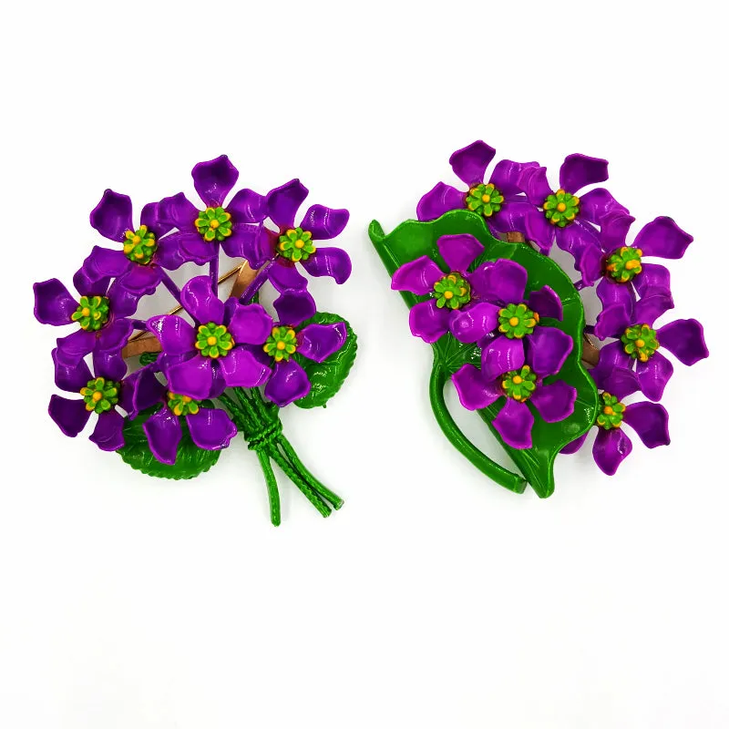 Vintage Floral Brooch Set Purple Violet Bouquets Mid Century Retro Nosegay Pins