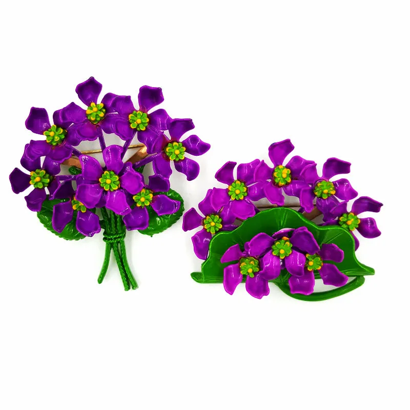 Vintage Floral Brooch Set Purple Violet Bouquets Mid Century Retro Nosegay Pins