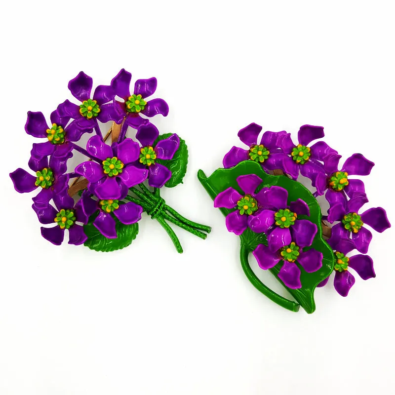 Vintage Floral Brooch Set Purple Violet Bouquets Mid Century Retro Nosegay Pins