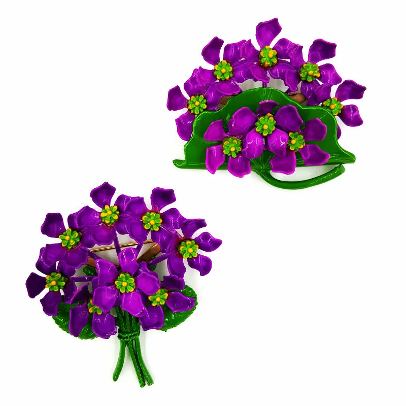 Vintage Floral Brooch Set Purple Violet Bouquets Mid Century Retro Nosegay Pins