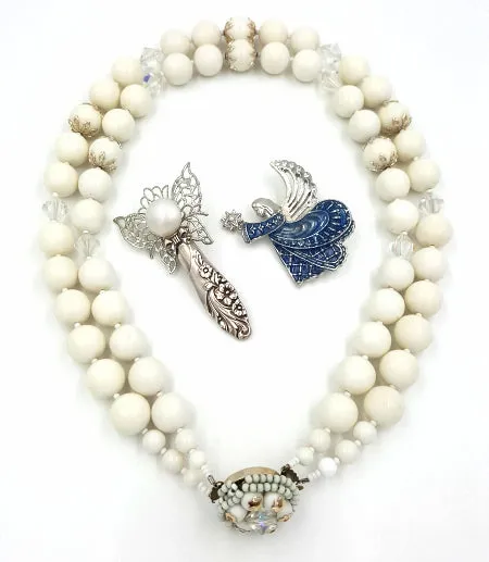 Vintage Jewelry Lot Monet Angel Brooch White Beaded Necklace Artisan Angel Pin